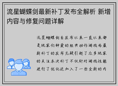 流星蝴蝶剑最新补丁发布全解析 新增内容与修复问题详解